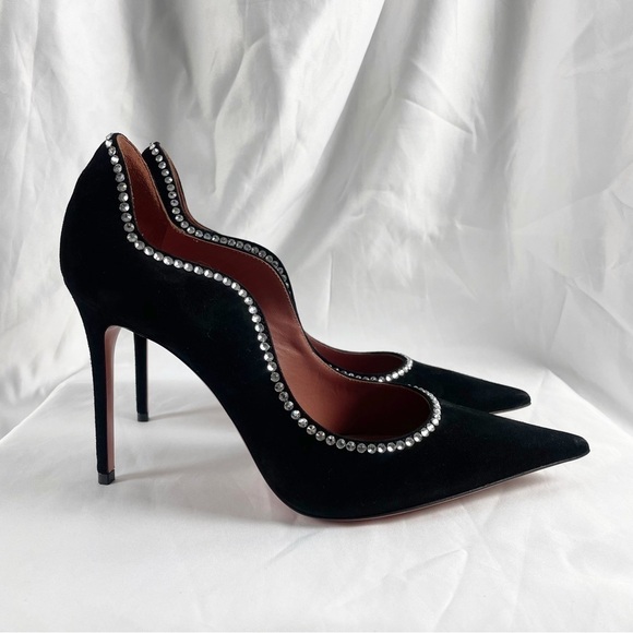 Amina Muaddi Romy Crystal Suede Leather Pointed Toe Pumps EU 38.5 US 8.5 Black - Picture 5 of 10